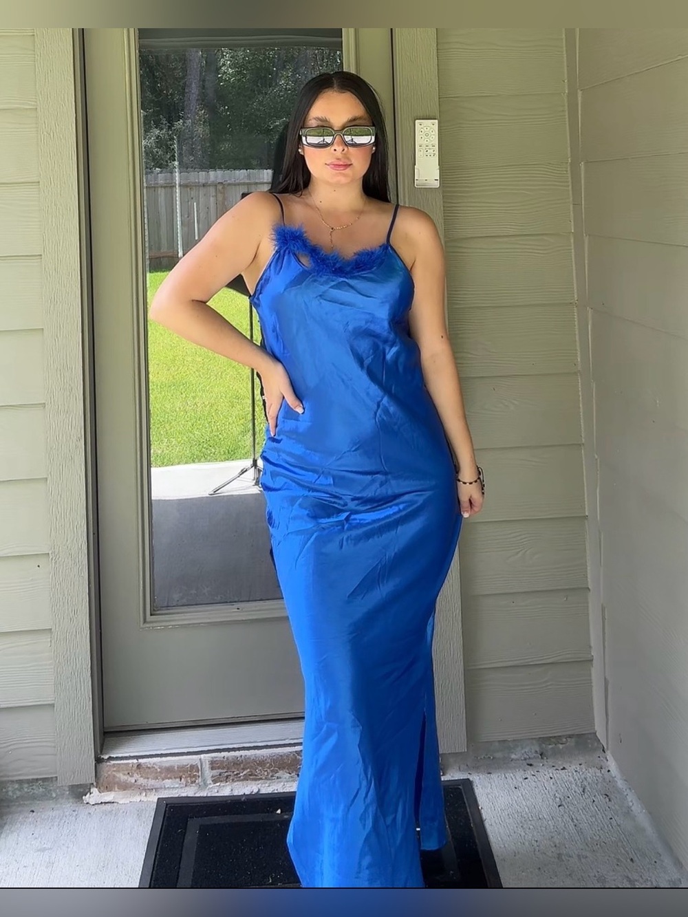 Moon Dance Blue Satin Maxi Dress Feather Trim Open Back Size M